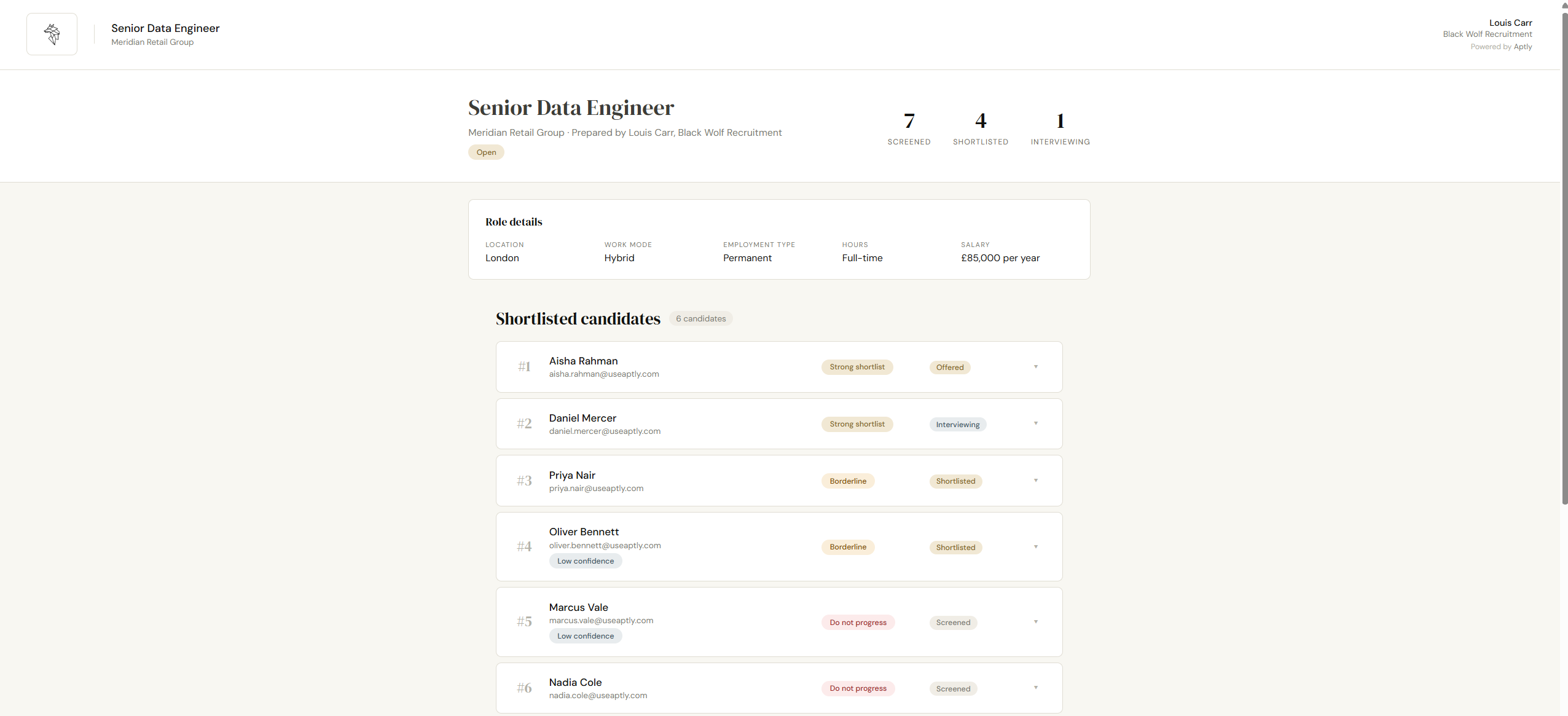 Live client shortlist view branded for the agency, showing ranked candidates, stages, and role details